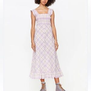 Ganni Lavender Plaid Ruffle Midi Dress